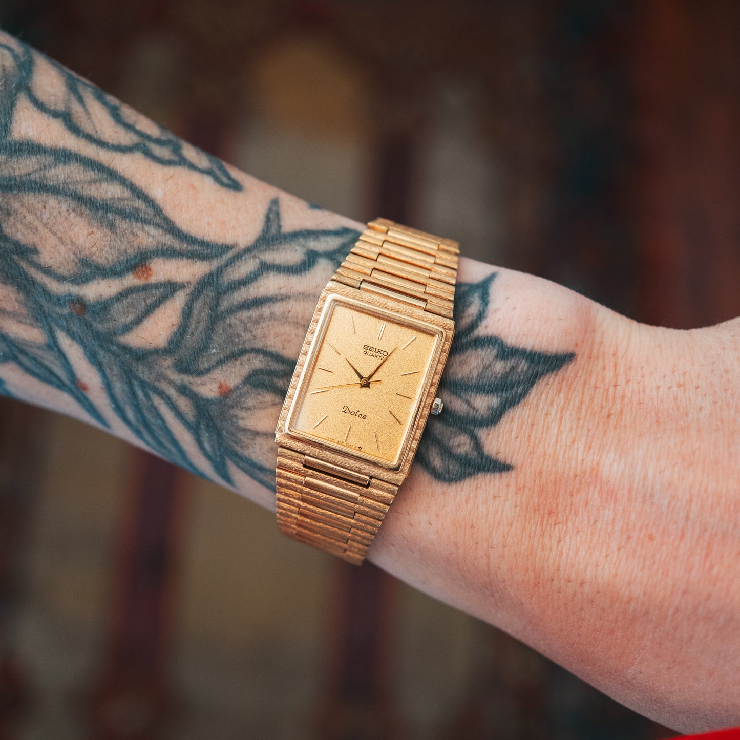 Seiko Dolce Bamboo full gold champagne dial on wrist front view