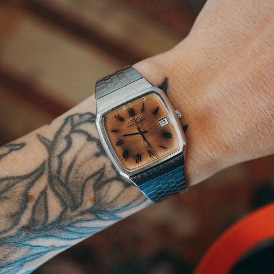 Seiko King Quartz Marshmallow Dial - dial wrist shot