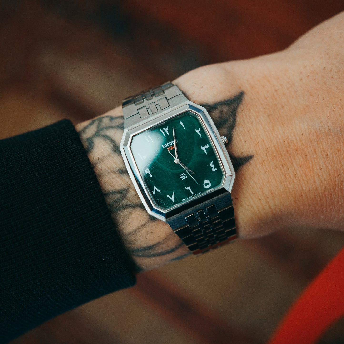 Seiko Quartz Malachite Dial front view on wrist