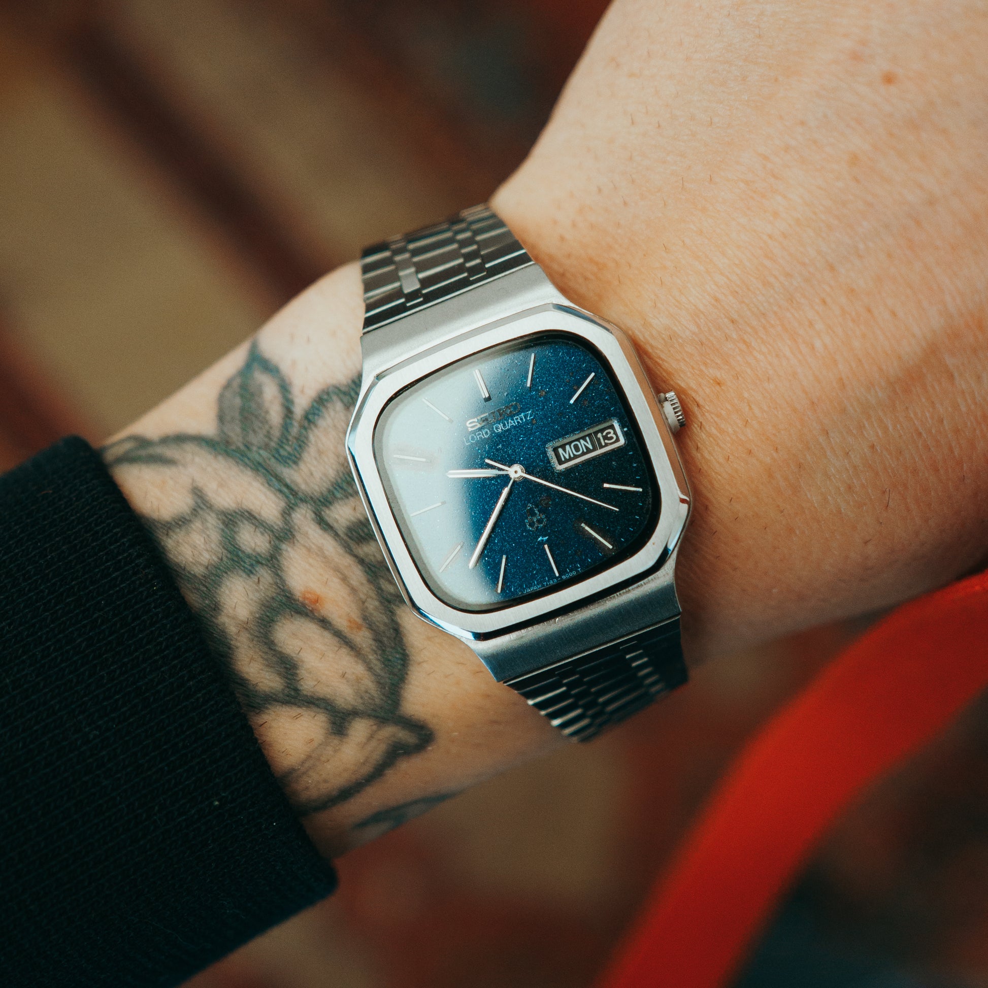 Seiko Lord Quartz Blue Speckle Dial front view on wrist