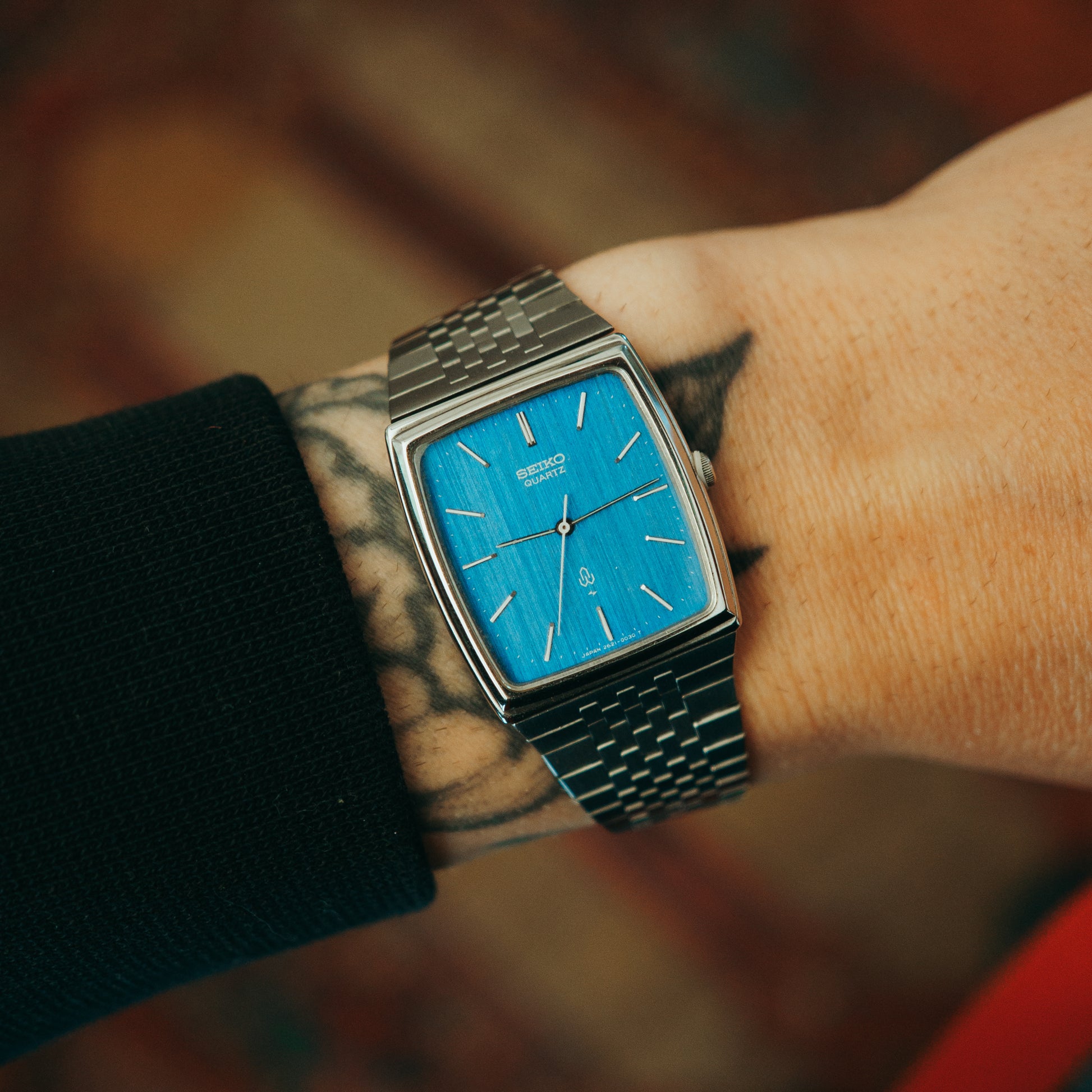 Seiko Quartz Blue Striped Dial front view on wrist