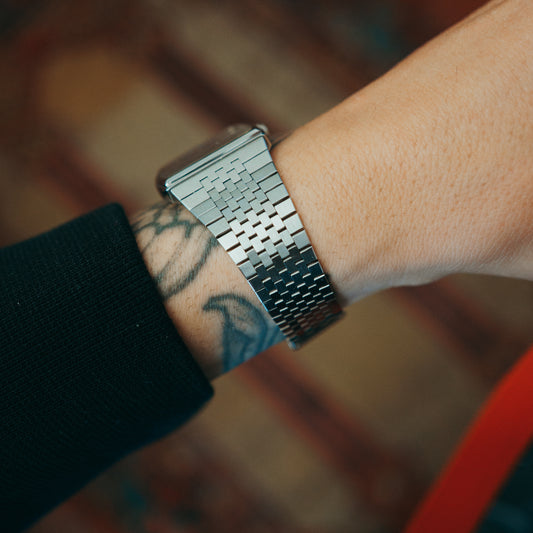 Seiko Quartz Blue Striped Dial side profile on wrist
