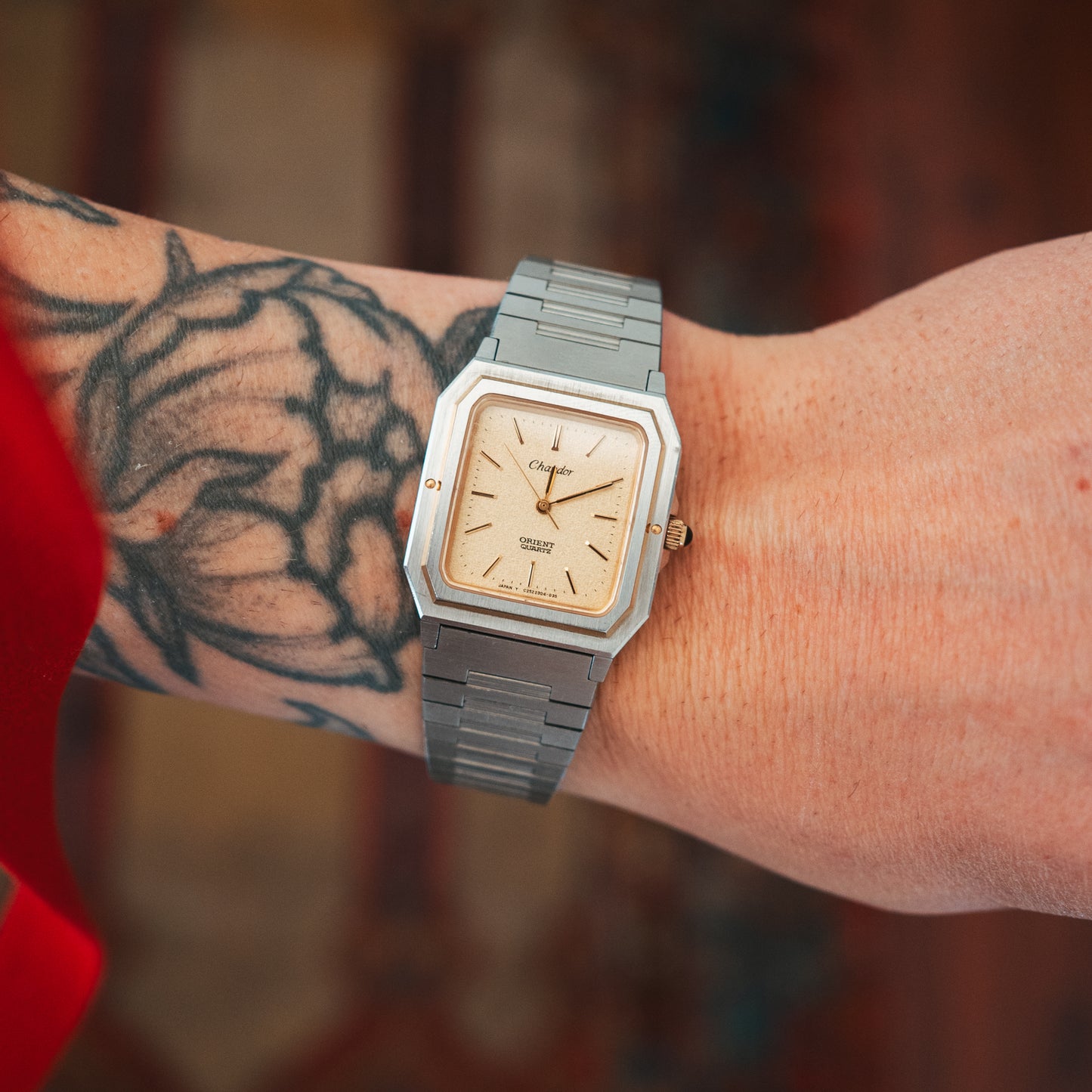 Orient Chandor Quartz on wrist front view