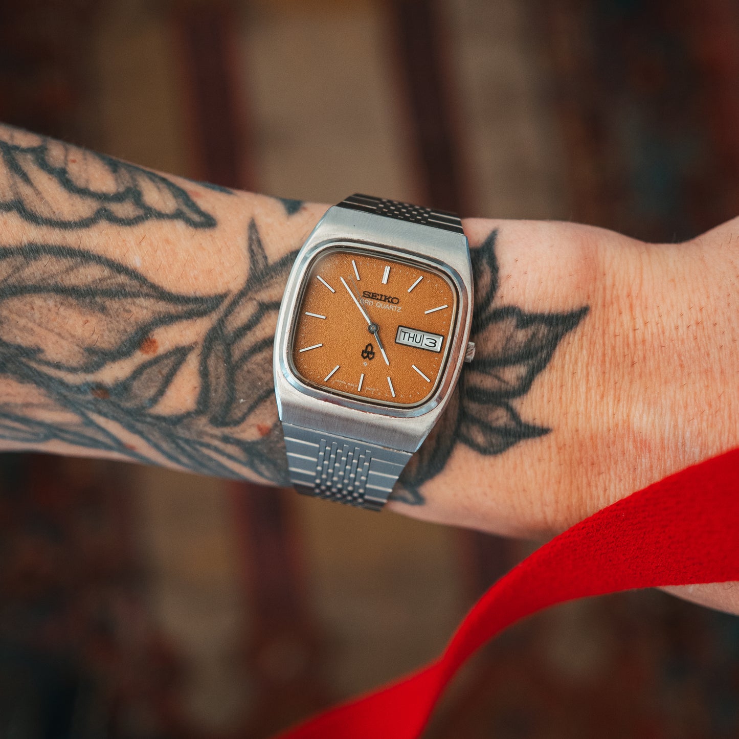 Seiko Lord Quartz Mustard Dial on wrist front view