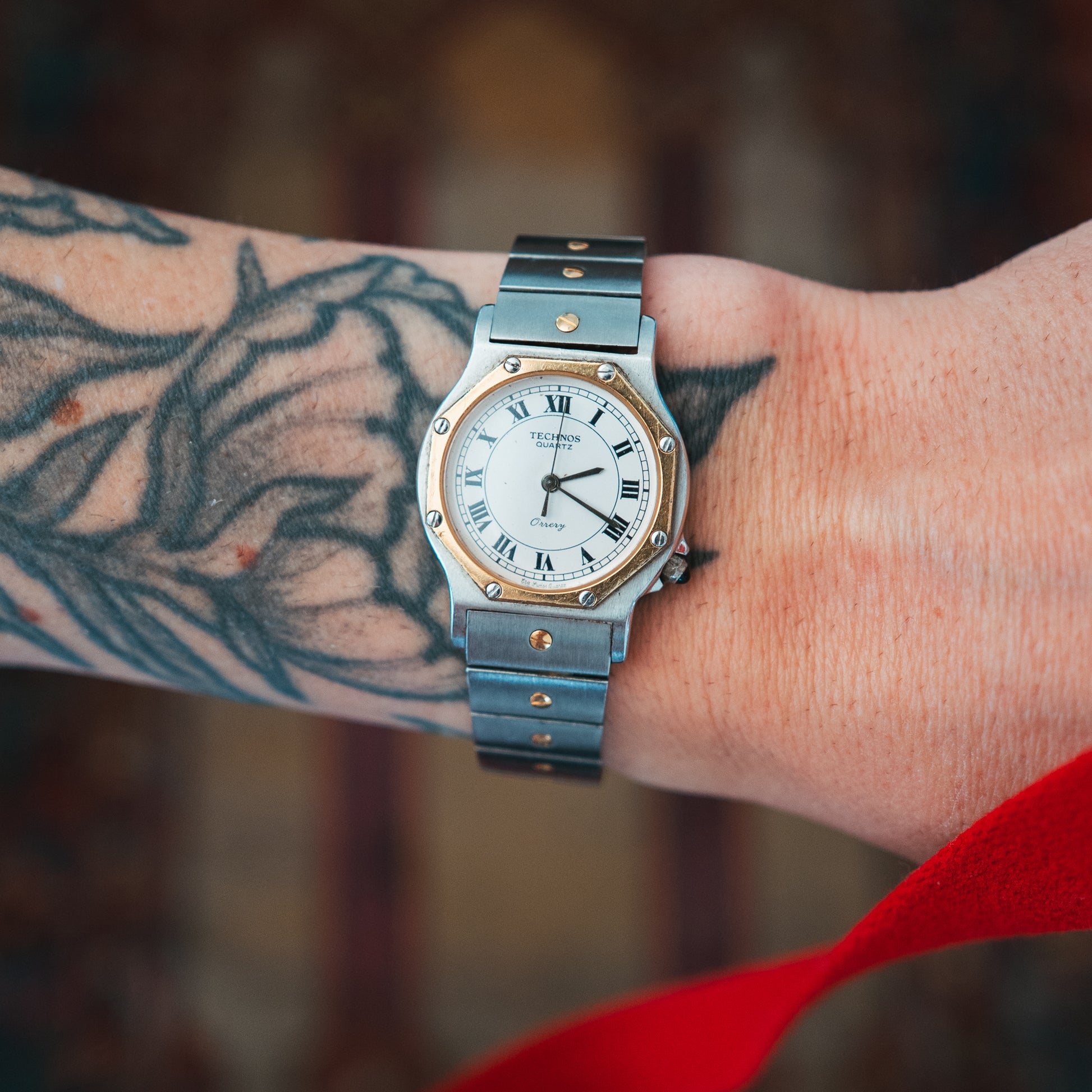 Technos Quartz on wrist front view