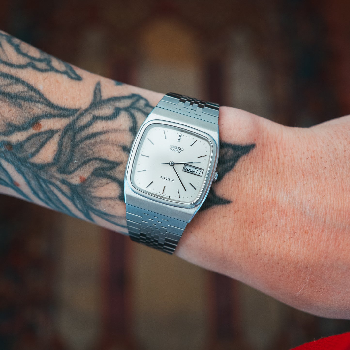 Seiko Majesta Quartz silver dial on wrist front view