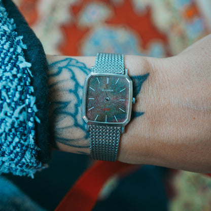 Technos Rainbow Stone - rectangular case with mottled stone dial on wrist