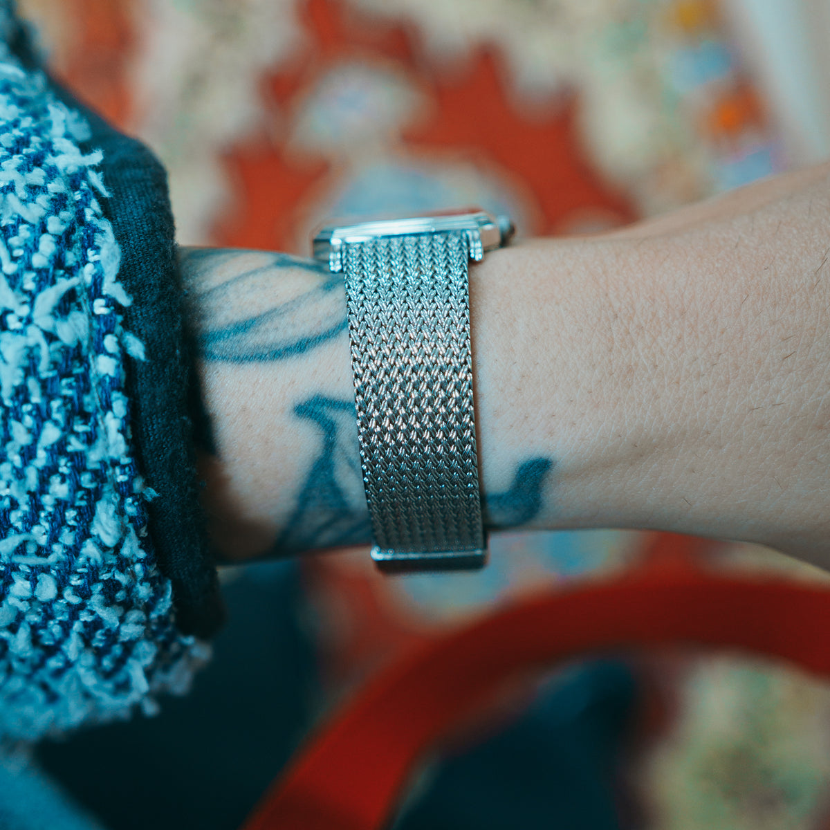 Technos Rainbow Stone - wide milanese mesh bracelet back view on wrist