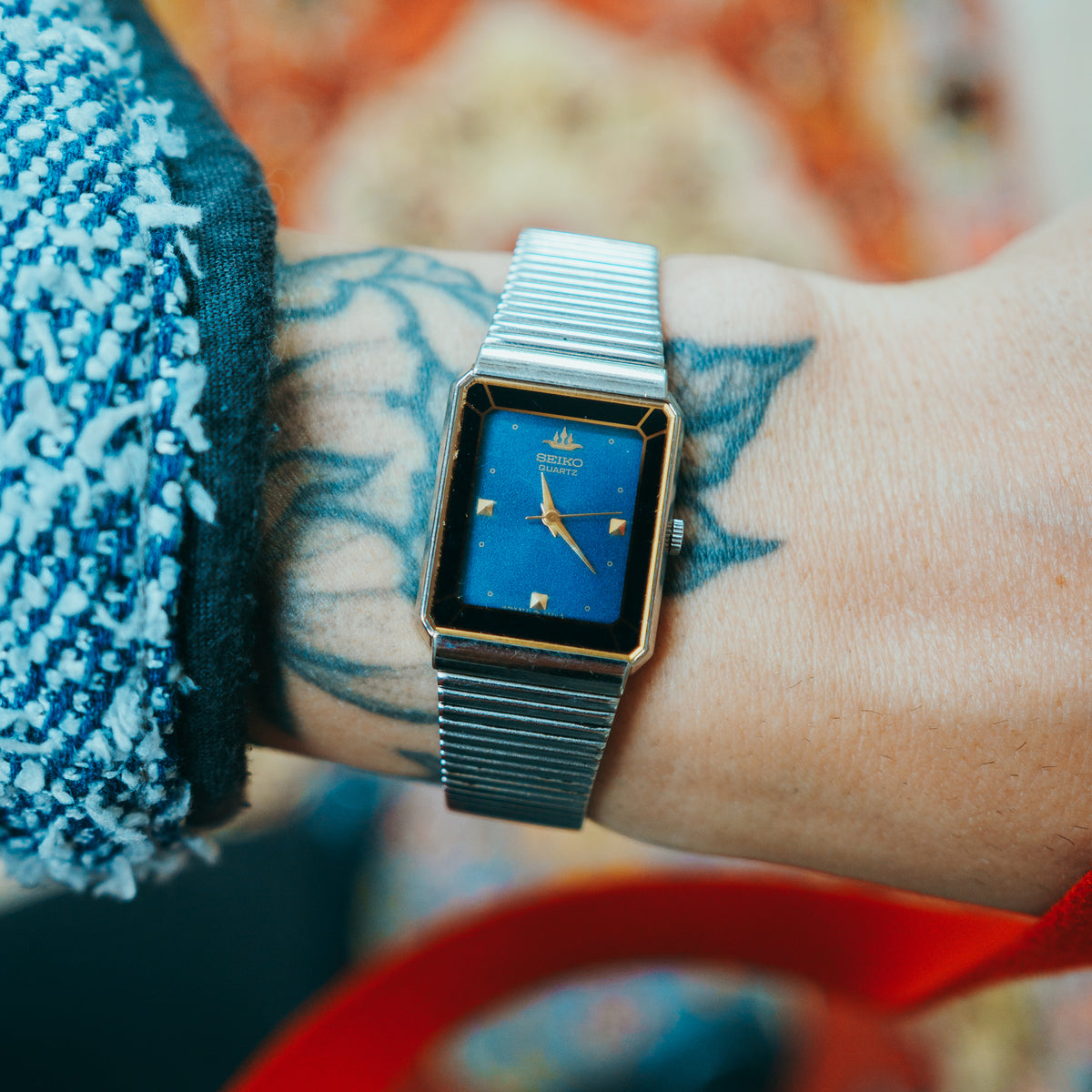Seiko Quartz Blue Dial - expansion bracelet caseback view on wrist