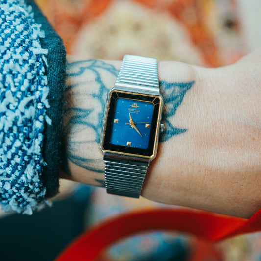 Seiko Quartz Blue Dial - expansion bracelet caseback view on wrist