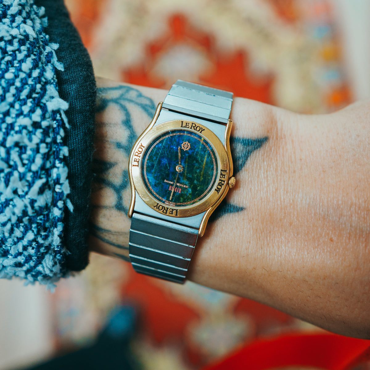 LeRoy x Baume & Mercier - iridescent blue-green dial with LeRoy bezel on wrist
