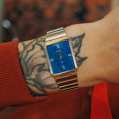 Orient Two Tone Lapis Dial bracelet on wrist