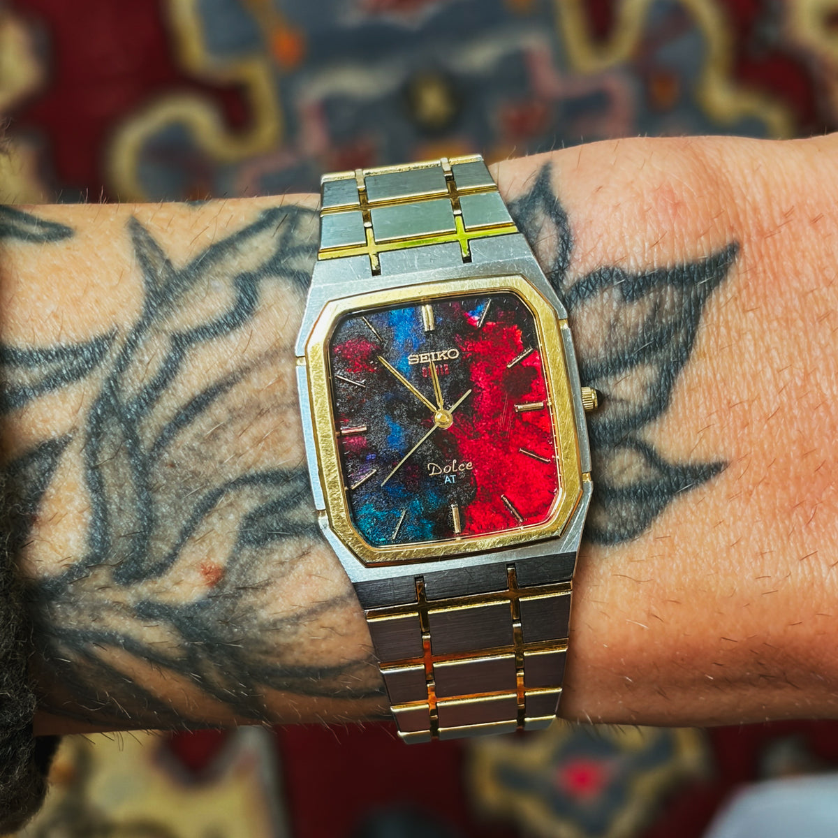 Seiko Dolce two-tone bracelet clasp shown on wrist